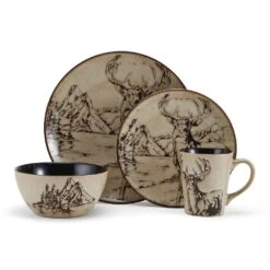 Mossy Oak Animal Print 16 Piece Dinnerware Set, Service For 4 -Kitchen Supplies Shop 5138758 4pc Deer onWhite