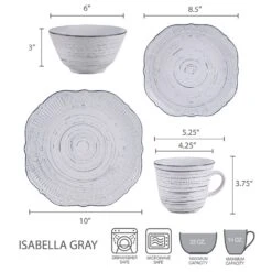 Isabella Gray 16 Piece Dinnerware Set, Service For 4 -Kitchen Supplies Shop 5280759 dimensions