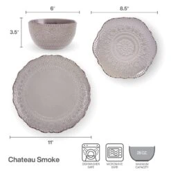 Chateau Smoke 12 Piece Dinnerware Set, Service For 4 -Kitchen Supplies Shop 5296080 PFZ Chateau Smoke 3pc Set Infographic