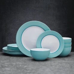 Grayson Teal 12 Piece Dinnerware Set, Service For 4 -Kitchen Supplies Shop 5296690 GraysonTeal 12pc lifestyle frontview