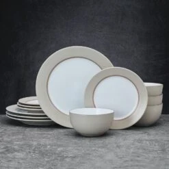Grayson Taupe 12 Piece Dinnerware Set, Service For 4 -Kitchen Supplies Shop 5296694 GraysonTaupe 12pc lifestyle frontview
