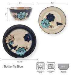 Painted Butterfly Blue 12 Piece Dinnerware Set, Service For 4 -Kitchen Supplies Shop 5296888 PFZ Painted Butterfly Dims Infographic 1